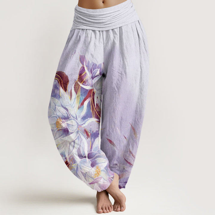 Buddha Stones Cotton Epiphyllum Flowers Design Women's Elastic Waist Harem Pants - Lavender - US22，UK/AU26，EU54 (6XL) - image 7