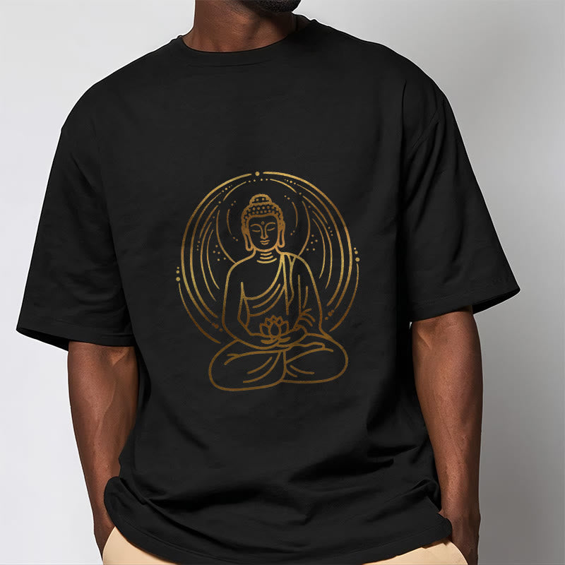 Buddha Stones Golden Meditation Buddha Halo Holding A Lotus Flower Tee T-shirt - image 5