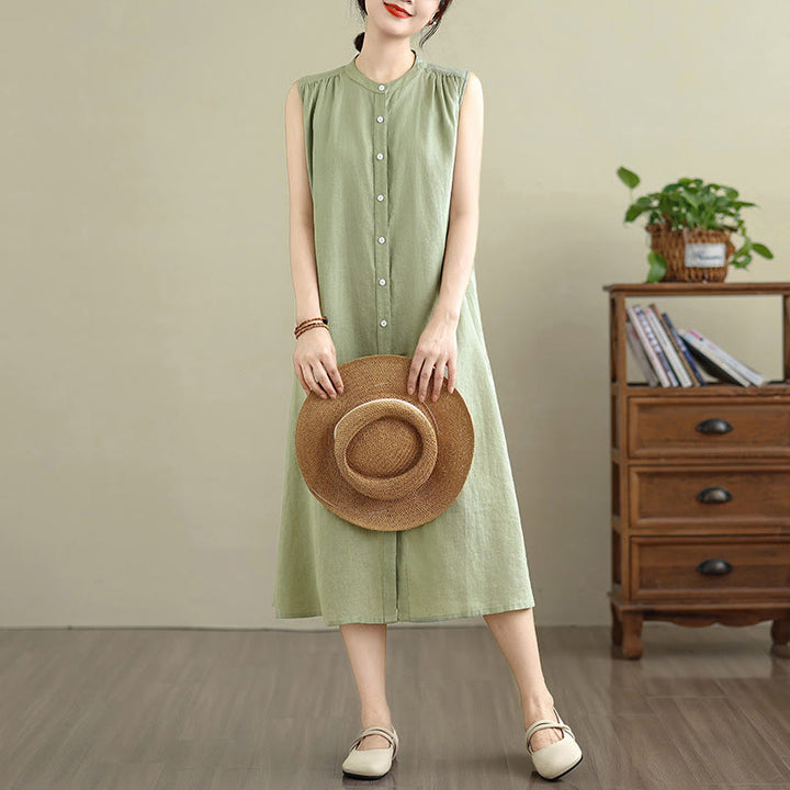 Buddha Stones Plain Single Breasted Pleated Design Sleeveless Cotton Linen Midi Dress - image 4