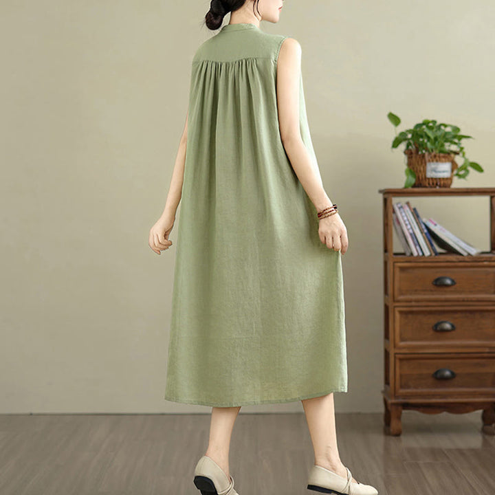 Buddha Stones Plain Single Breasted Pleated Design Sleeveless Cotton Linen Midi Dress - image 3