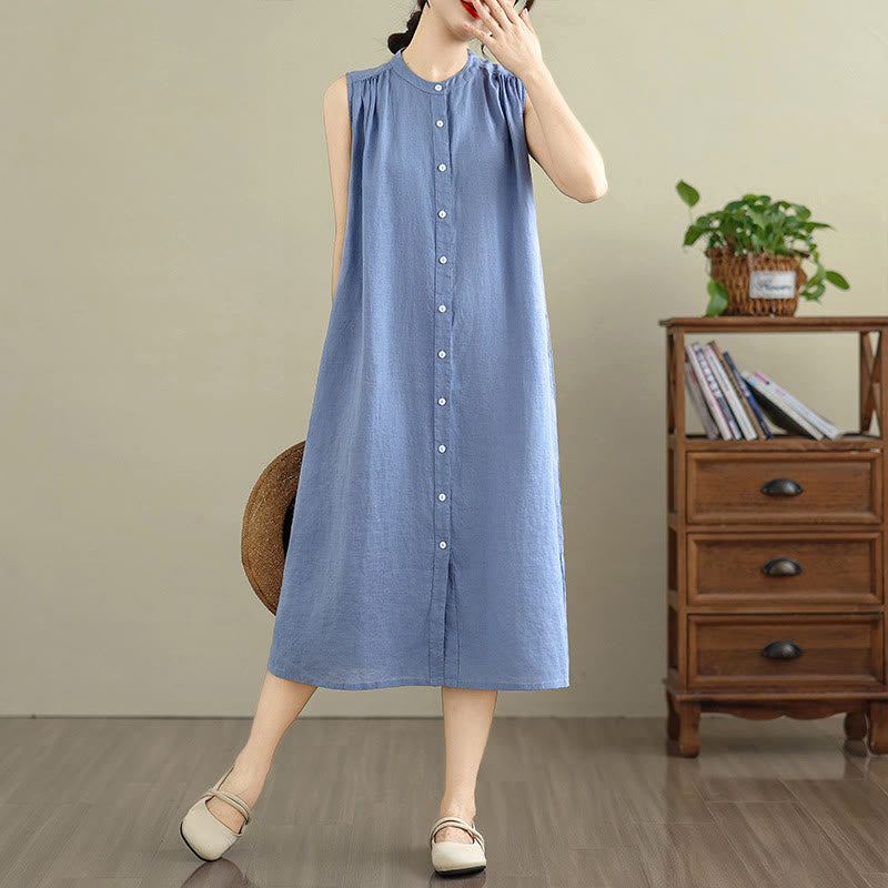 Buddha Stones Plain Single Breasted Pleated Design Sleeveless Cotton Linen Midi Dress - image 23
