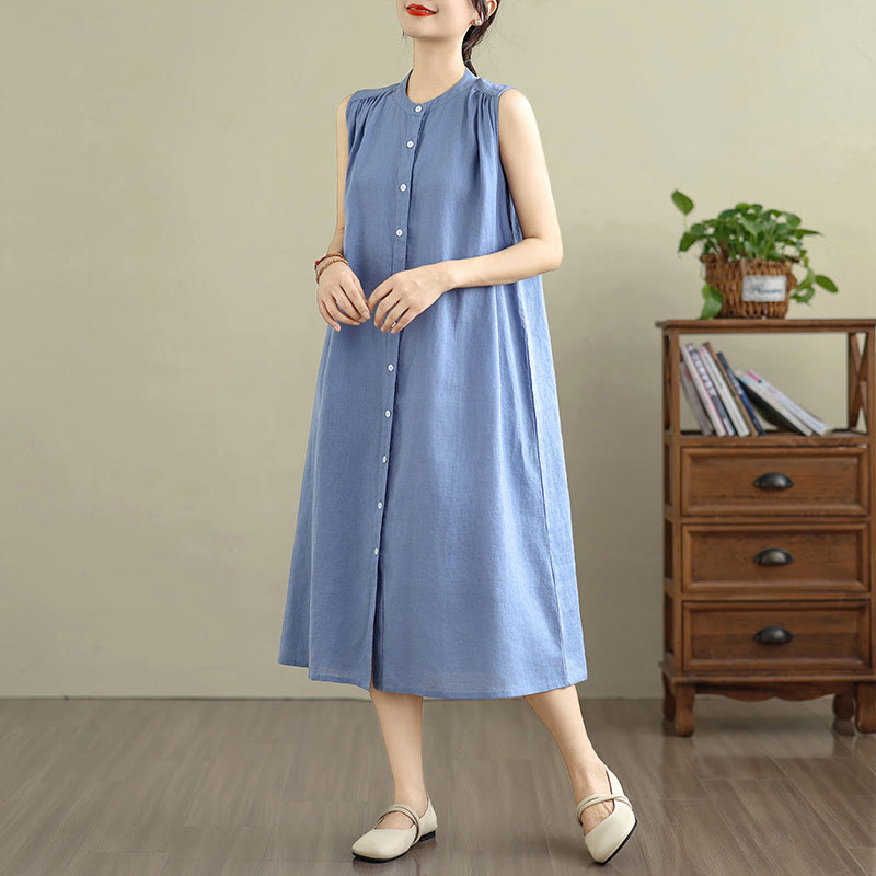 Buddha Stones Plain Single Breasted Pleated Design Sleeveless Cotton Linen Midi Dress - CornflowerBlue - US8-10，UK/AU12-14，EU40-42 (2XL) - image 19