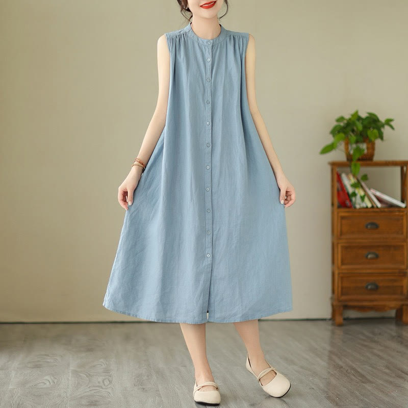 Buddha Stones Plain Single Breasted Pleated Design Sleeveless Cotton Linen Midi Dress - LightSkyBlue - US8-10，UK/AU12-14，EU40-42 (2XL) - image 11