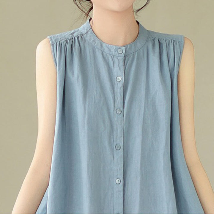 Buddha Stones Plain Single Breasted Pleated Design Sleeveless Cotton Linen Midi Dress - image 15