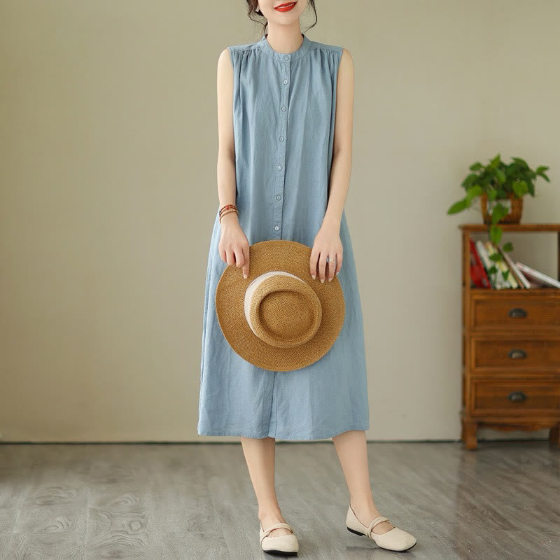 Buddha Stones Plain Single Breasted Pleated Design Sleeveless Cotton Linen Midi Dress