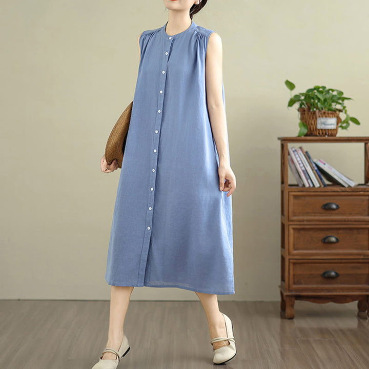 Buddha Stones Plain Single Breasted Pleated Design Sleeveless Cotton Linen Midi Dress - image 20