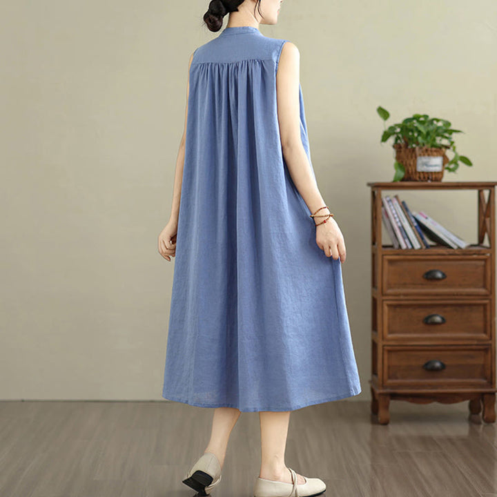 Buddha Stones Plain Single Breasted Pleated Design Sleeveless Cotton Linen Midi Dress