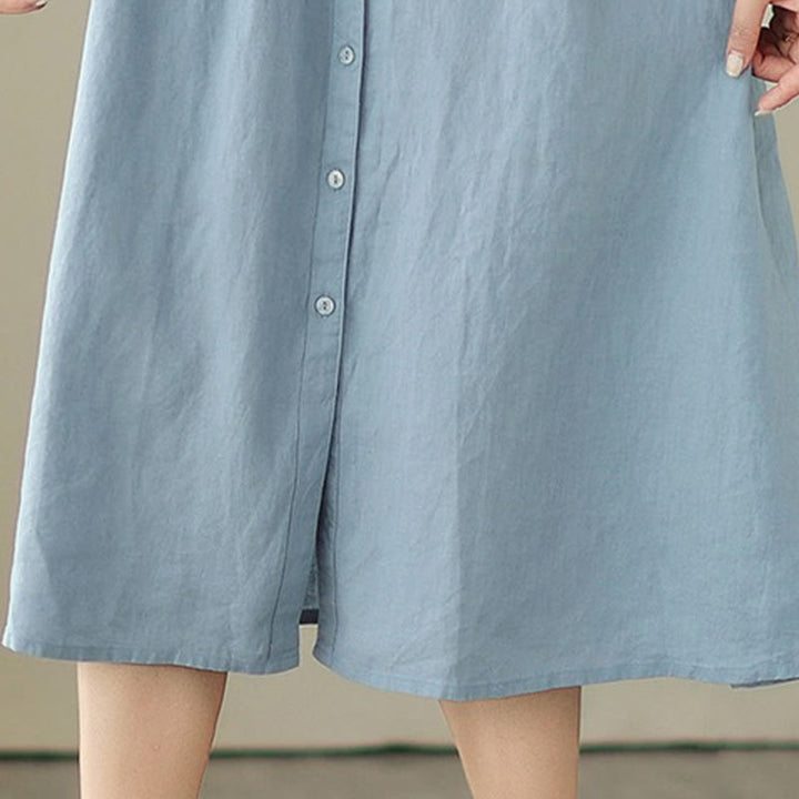 Buddha Stones Plain Single Breasted Pleated Design Sleeveless Cotton Linen Midi Dress - image 17