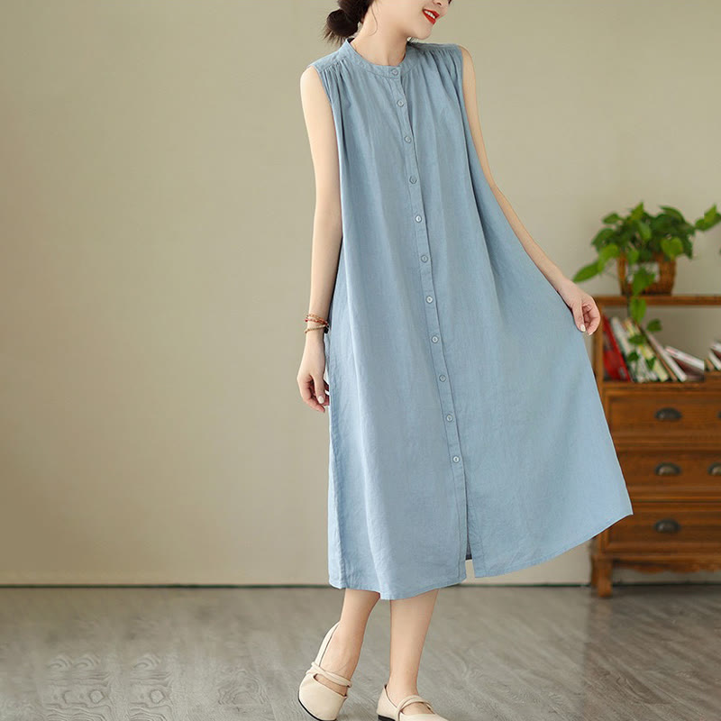 Buddha Stones Plain Single Breasted Pleated Design Sleeveless Cotton Linen Midi Dress - image 12