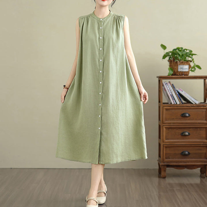 Buddha Stones Plain Single Breasted Pleated Design Sleeveless Cotton Linen Midi Dress - image 1
