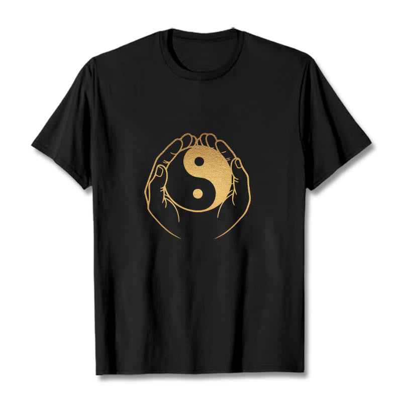 Buddha Stones Hands Holding A Golden Yin Yang Tee T-shirt - Black - 2XL - image 1