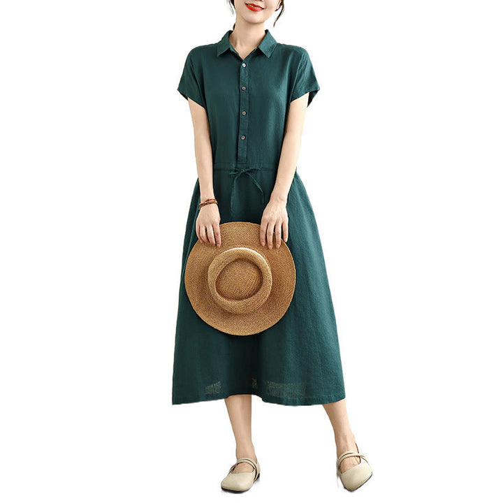 Buddha Stones Summer Plain Short Sleeve Drawstring Cotton Linen Midi Dress With Pockets - image 16