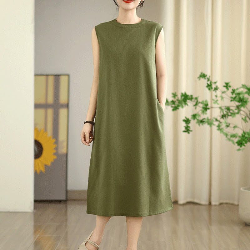 Buddha Stones Casual Plain Color Button Back Design Sleeveless Cotton Linen Midi Dress With Pockets - image 3