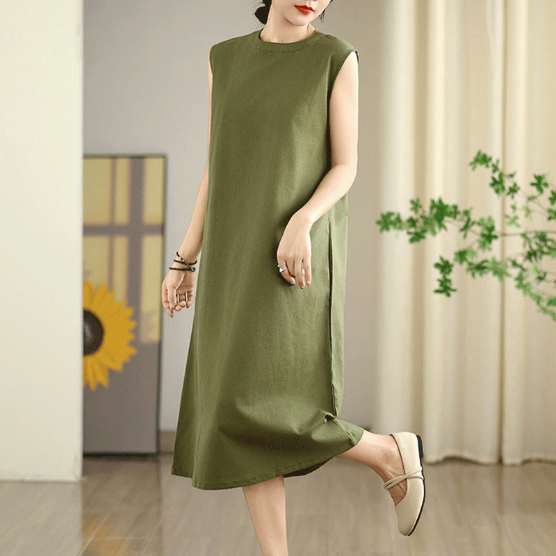 Buddha Stones Casual Plain Color Button Back Design Sleeveless Cotton Linen Midi Dress With Pockets - image 2