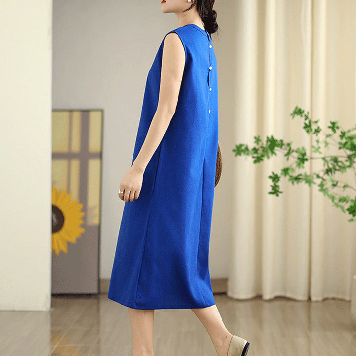 Buddha Stones Casual Plain Color Button Back Design Sleeveless Cotton Linen Midi Dress With Pockets - image 13