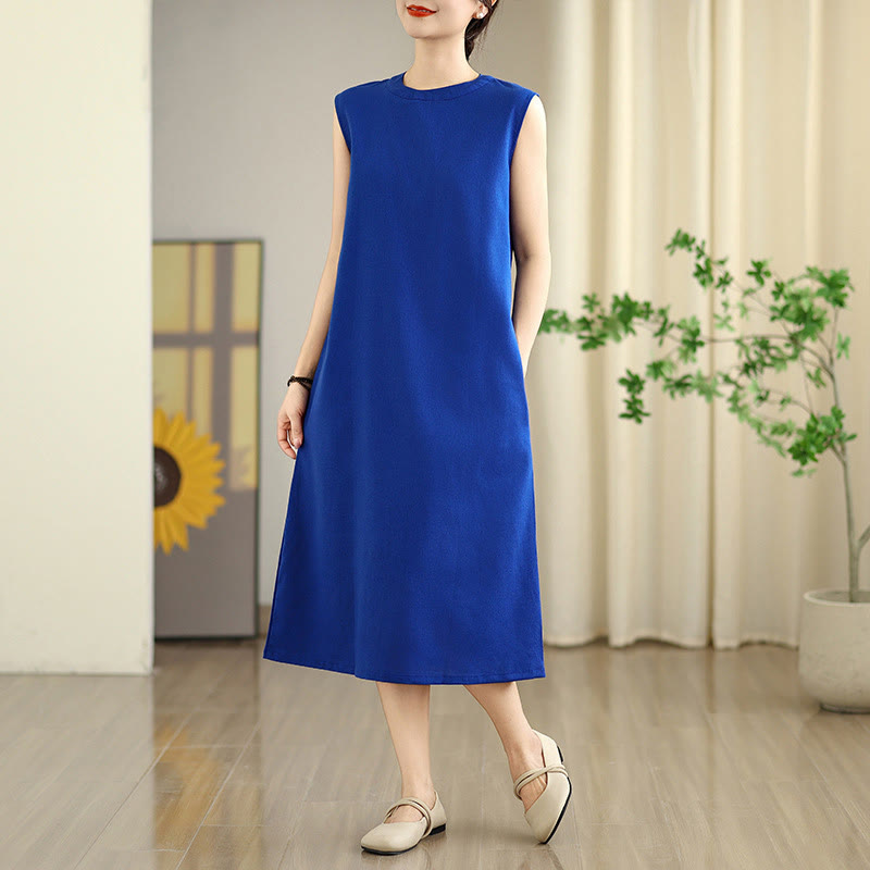 Buddha Stones Casual Plain Color Button Back Design Sleeveless Cotton Linen Midi Dress With Pockets - MediumBlue - US8-10，UK/AU12-14，EU40-42 (2XL) - image 11