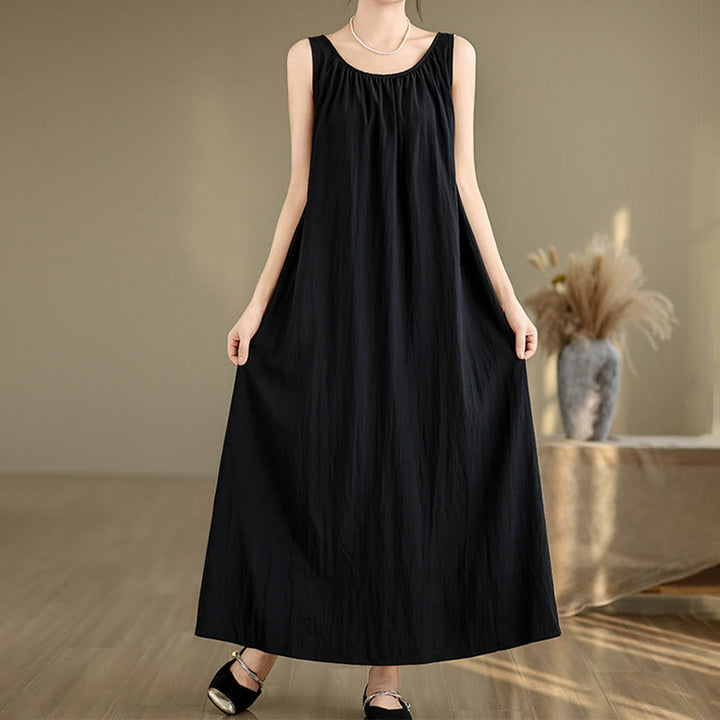 Buddha Stones Summer Casual Plain Pleated Design Sleeveless Crew Neck Cotton Midi Dress With Pockets - image 16
