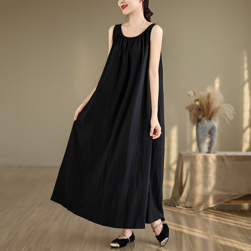 Buddha Stones Summer Casual Plain Pleated Design Sleeveless Crew Neck Cotton Midi Dress With Pockets - Black - US8-10，UK/AU12-14，EU40-42 (2XL) - image 14