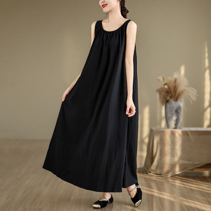 Buddha Stones Summer Casual Plain Pleated Design Sleeveless Crew Neck Cotton Midi Dress With Pockets - Black - US8-10，UK/AU12-14，EU40-42 (2XL) - image 14