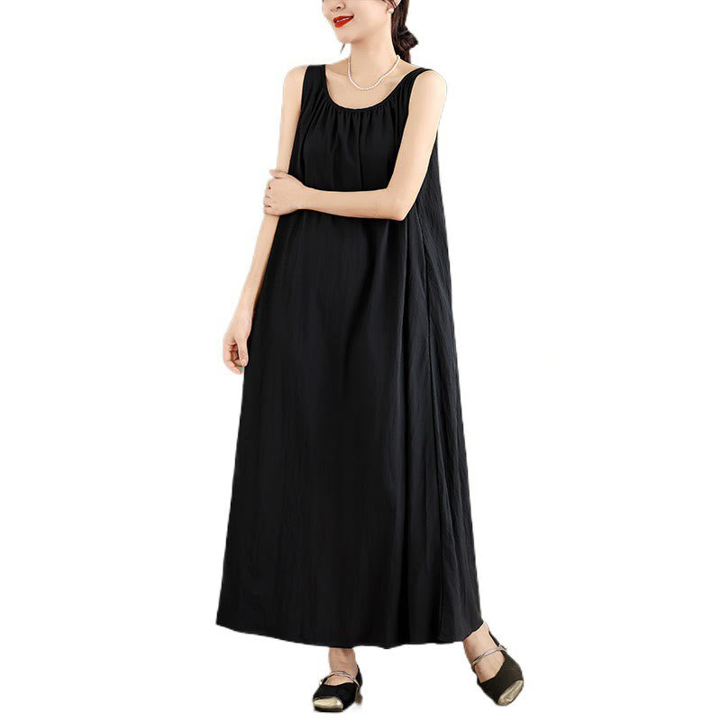 Buddha Stones Summer Casual Plain Pleated Design Sleeveless Crew Neck Cotton Midi Dress With Pockets - image 20