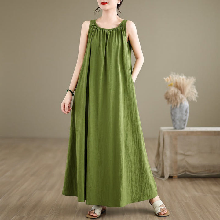 Buddha Stones Summer Casual Plain Pleated Design Sleeveless Crew Neck Cotton Midi Dress With Pockets - LimeGreen - US8-10，UK/AU12-14，EU40-42 (2XL) - image 0