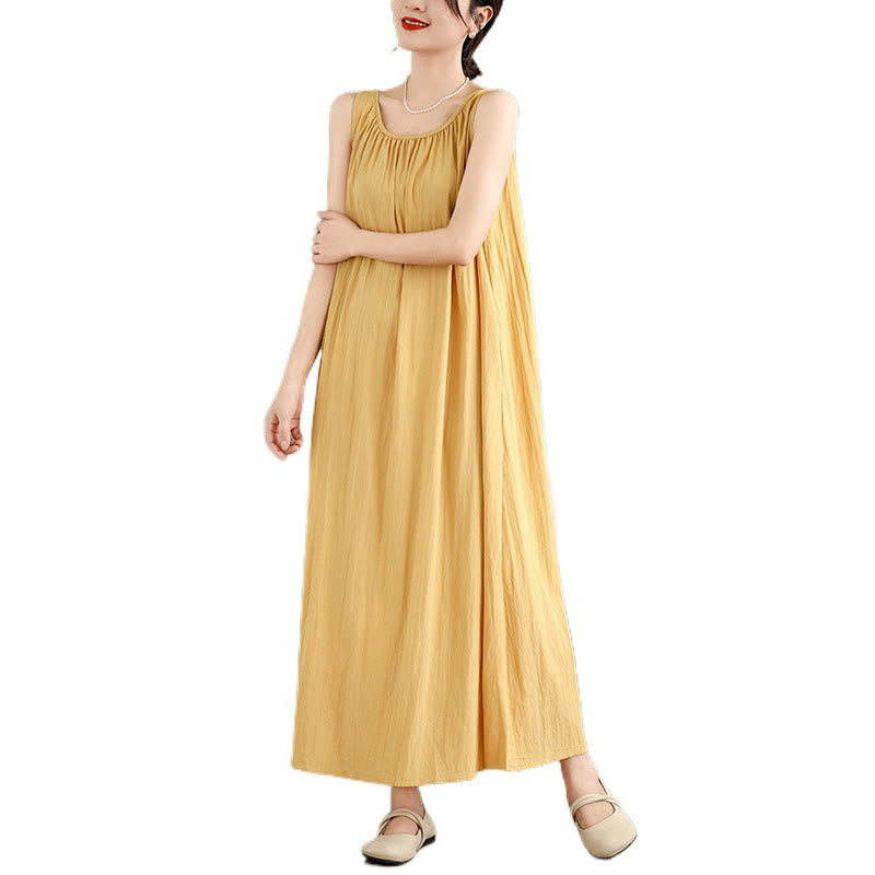 Buddha Stones Summer Casual Plain Pleated Design Sleeveless Crew Neck Cotton Midi Dress With Pockets - image 13
