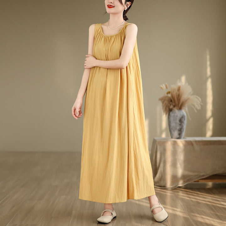 Buddha Stones Summer Casual Plain Pleated Design Sleeveless Crew Neck Cotton Midi Dress With Pockets - image 3