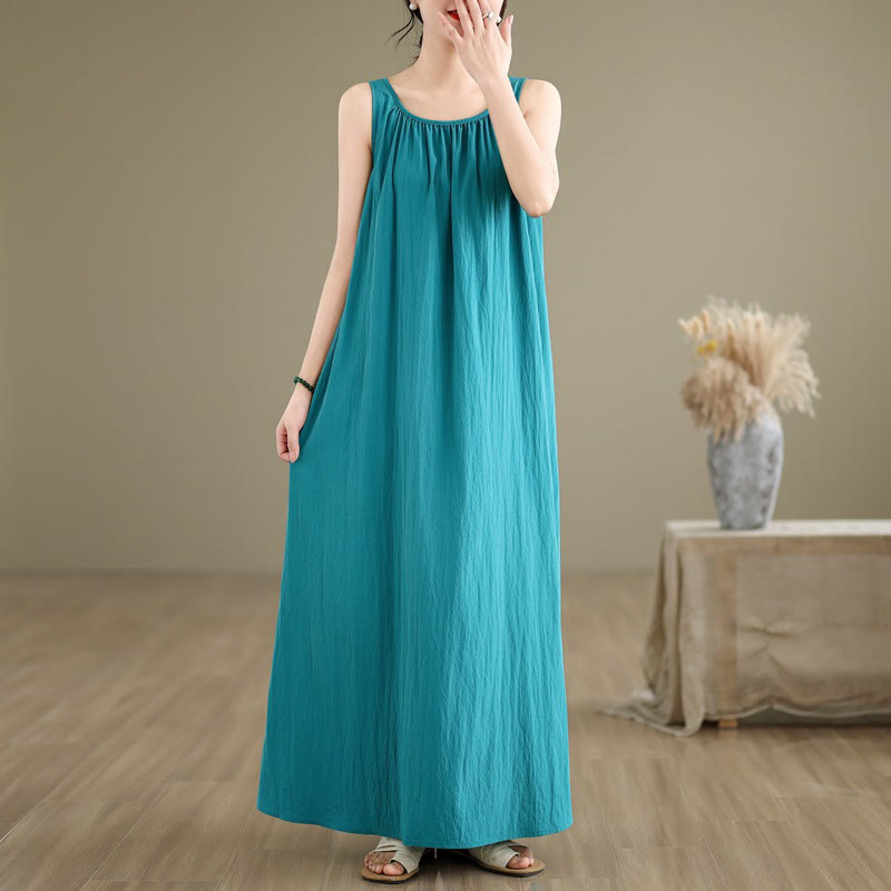 Buddha Stones Summer Casual Plain Pleated Design Sleeveless Crew Neck Cotton Midi Dress With Pockets - MediumTurquoise - US8-10，UK/AU12-14，EU40-42 (2XL) - image 1