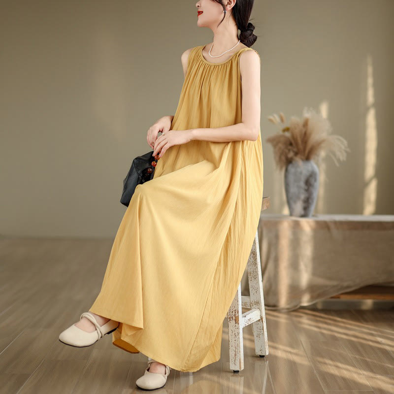Buddha Stones Summer Casual Plain Pleated Design Sleeveless Crew Neck Cotton Midi Dress With Pockets - image 7