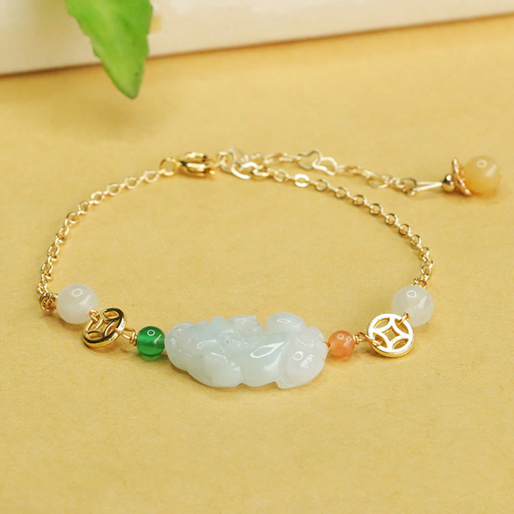 Buddha Stones Natural Jade PiXiu Carved Copper Coin Luck Chain Bracelet