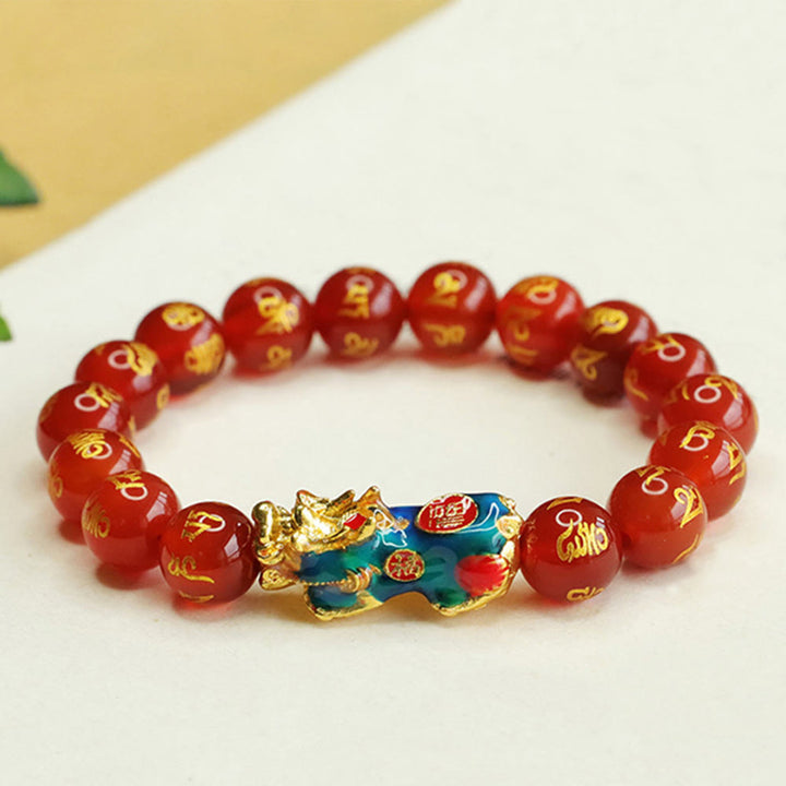 Buddha Stones Red Agate Color Change PiXiu Om Mani Padme Hum Calm Bracelet