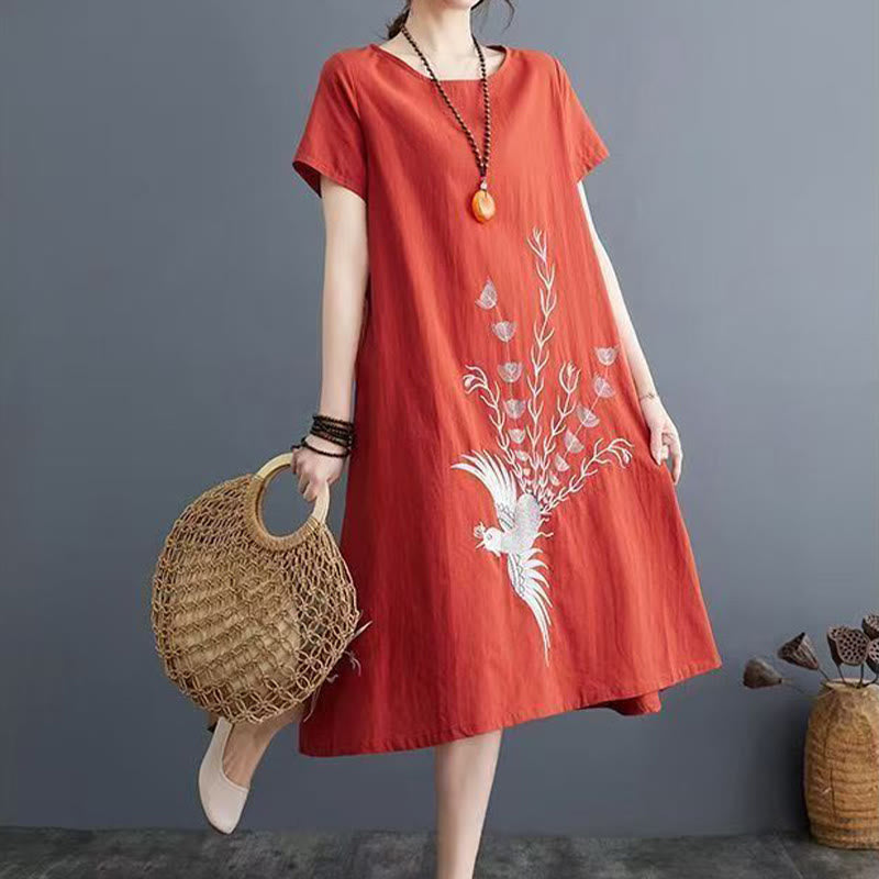 Buddha Stones Summer Printing Phoenix Pattern Short Sleeve Midi Dress - image 3