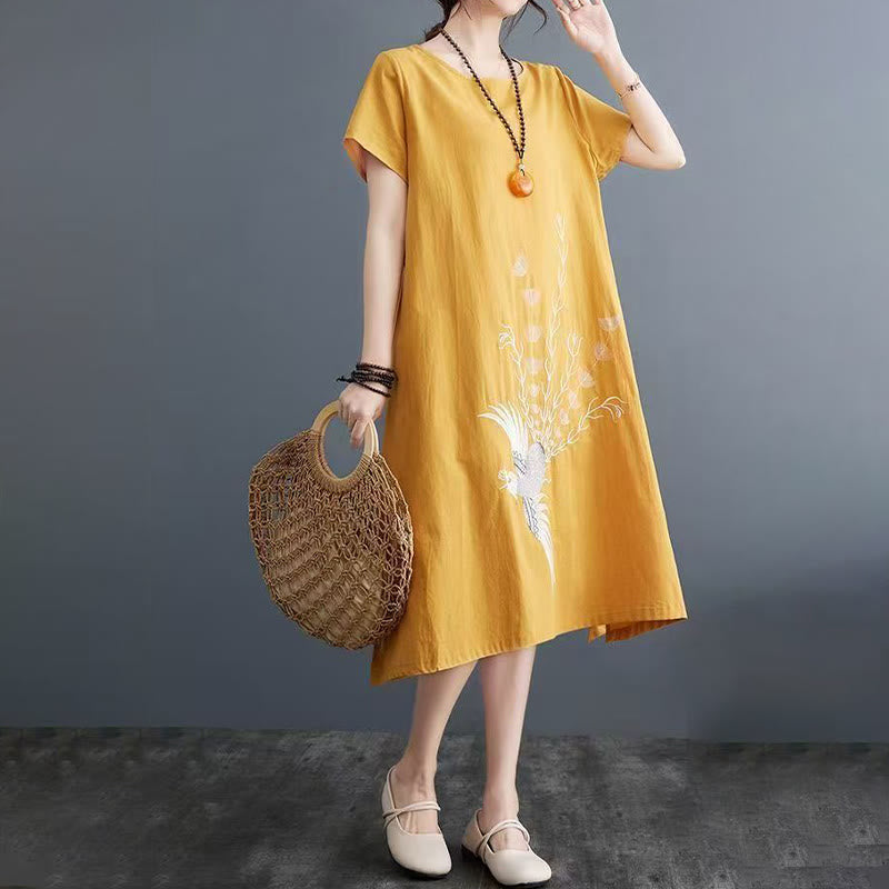 Buddha Stones Summer Printing Phoenix Pattern Short Sleeve Midi Dress - image 9