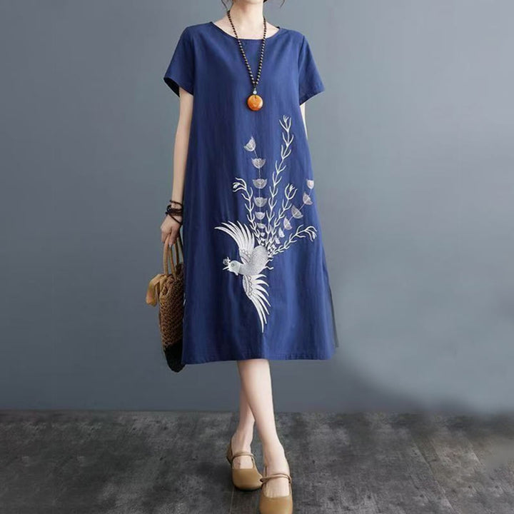 Buddha Stones Summer Printing Phoenix Pattern Short Sleeve Midi Dress - image 7