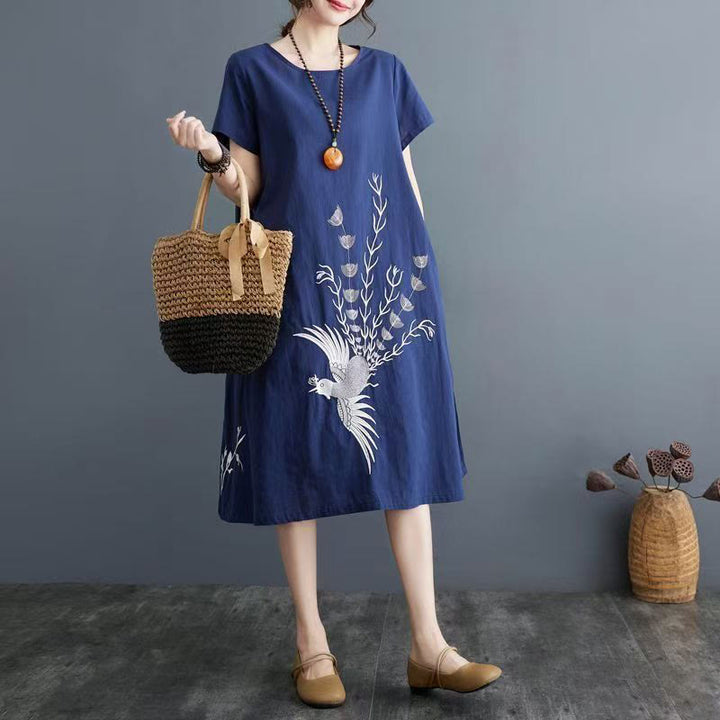 Buddha Stones Summer Printing Phoenix Pattern Short Sleeve Midi Dress - image 6