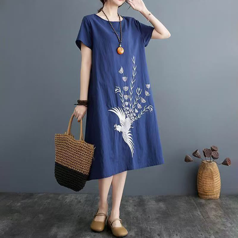 Buddha Stones Summer Printing Phoenix Pattern Short Sleeve Midi Dress - image 5