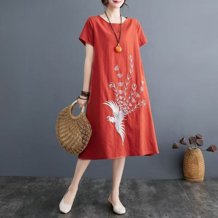 Buddha Stones Summer Printing Phoenix Pattern Short Sleeve Midi Dress - OrangeRed - US14，UK/AU18，EU46 (4XL) - image 0