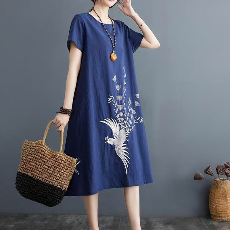 Buddha Stones Summer Printing Phoenix Pattern Short Sleeve Midi Dress - Navy - US14，UK/AU18，EU46 (4XL) - image 4