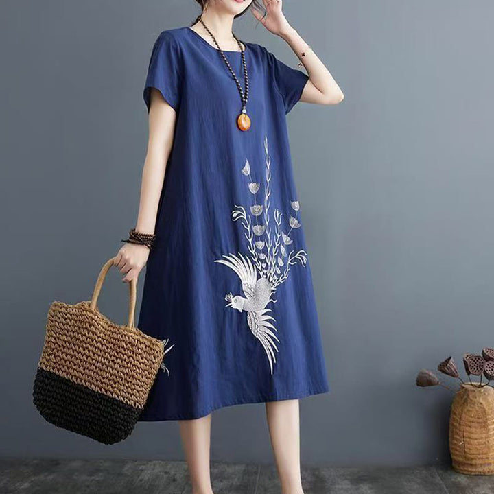 Buddha Stones Summer Printing Phoenix Pattern Short Sleeve Midi Dress - Navy - US14，UK/AU18，EU46 (4XL) - image 4
