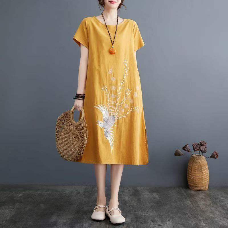 Buddha Stones Summer Printing Phoenix Pattern Short Sleeve Midi Dress - Gold - US14，UK/AU18，EU46 (4XL) - image 8