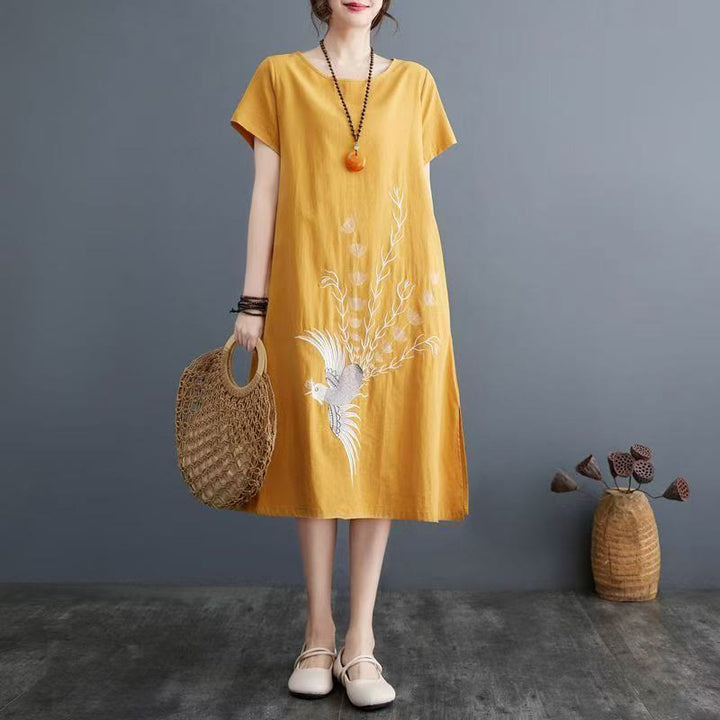 Buddha Stones Summer Printing Phoenix Pattern Short Sleeve Midi Dress - Gold - US14，UK/AU18，EU46 (4XL) - image 8