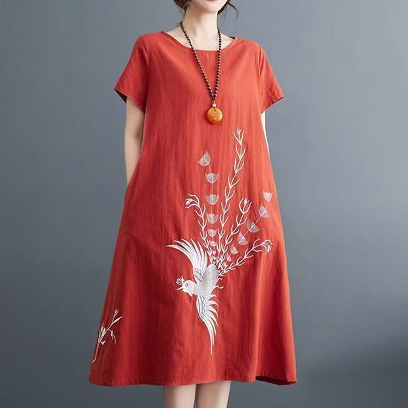 Buddha Stones Summer Printing Phoenix Pattern Short Sleeve Midi Dress - image 1