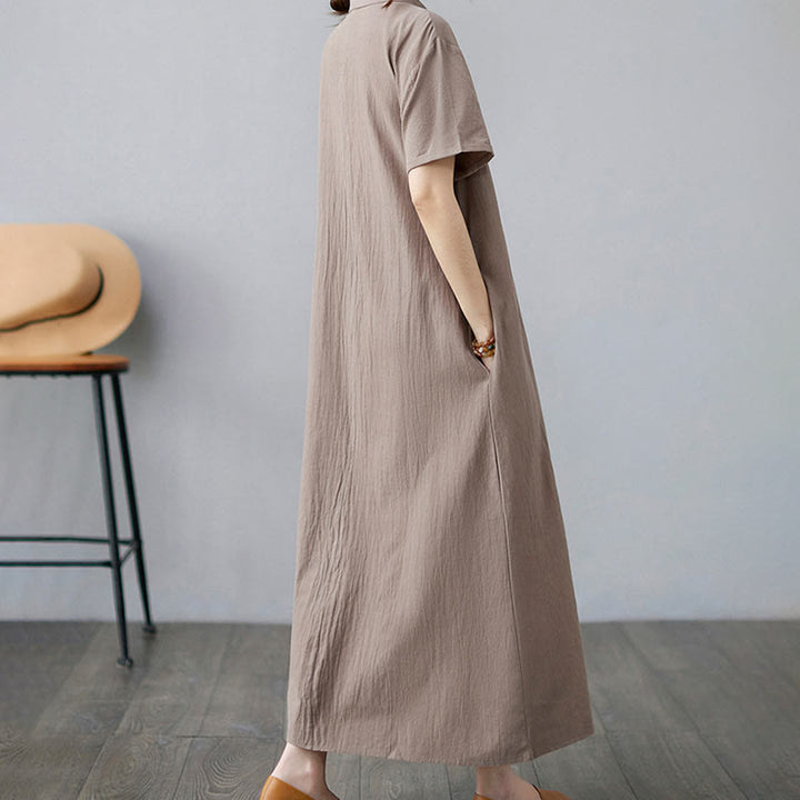 Buddha Stones Casual Plain Side Lace-Up Lapel Short Sleeve Cotton Linen Midi Dress With Pockets - image 4