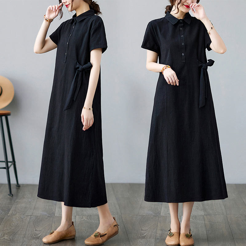 Buddha Stones Casual Plain Side Lace-Up Lapel Short Sleeve Cotton Linen Midi Dress With Pockets - Black - US8-10，UK/AU12-14，EU40-42 (2XL) - image 12