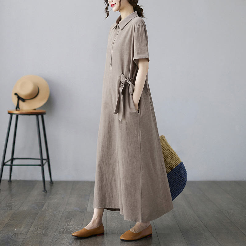 Buddha Stones Casual Plain Side Lace-Up Lapel Short Sleeve Cotton Linen Midi Dress With Pockets - image 2