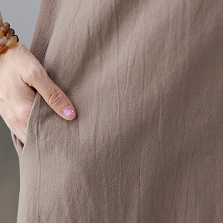 Buddha Stones Casual Plain Side Lace-Up Lapel Short Sleeve Cotton Linen Midi Dress With Pockets - image 10