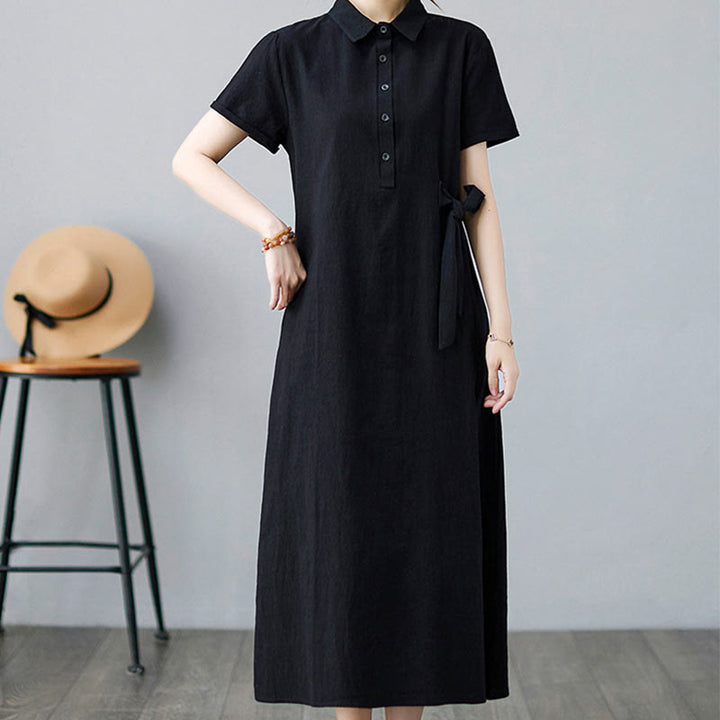 Buddha Stones Casual Plain Side Lace-Up Lapel Short Sleeve Cotton Linen Midi Dress With Pockets - image 17