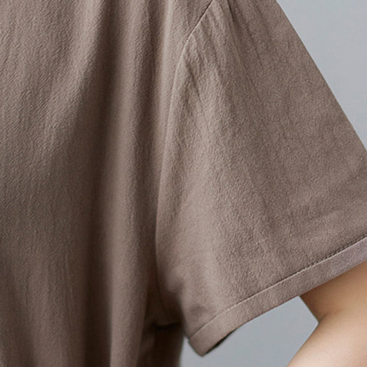 Buddha Stones Casual Plain Side Lace-Up Lapel Short Sleeve Cotton Linen Midi Dress With Pockets - image 9