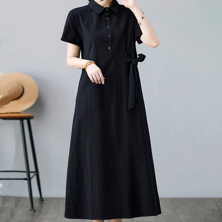 Buddha Stones Casual Plain Side Lace-Up Lapel Short Sleeve Cotton Linen Midi Dress With Pockets - image 15