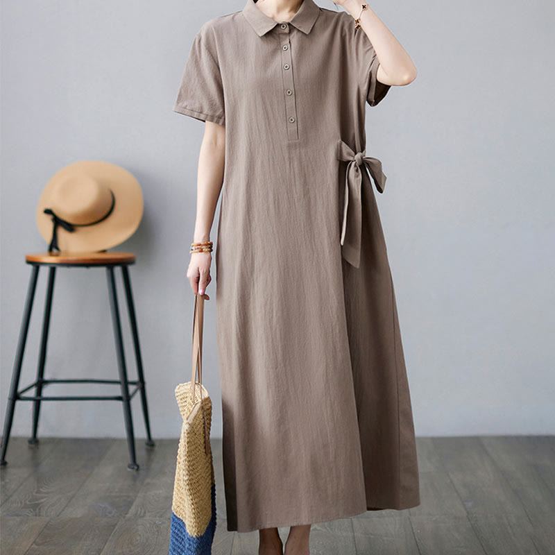 Buddha Stones Casual Plain Side Lace-Up Lapel Short Sleeve Cotton Linen Midi Dress With Pockets - DarkKhaki - US8-10，UK/AU12-14，EU40-42 (2XL) - image 1